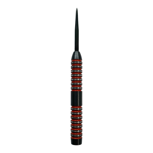 Canons en acier McDart Crimson Das Bild zeigt einen McDart Crimson Steeldart Barrel mit schwarzem und rotem Design. Der Barrel hat eine gerillte Oberfläche für besseren Halt.