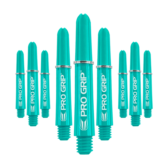 Tiges Target Pro Grip - 3 jeux - Aqua Das Bild zeigt neun türkisfarbene Dartschäfte mit der Aufschrift "PRO GRIP". Die Schäfte sind in einer Gruppe angeordnet und haben silberne Ringe.