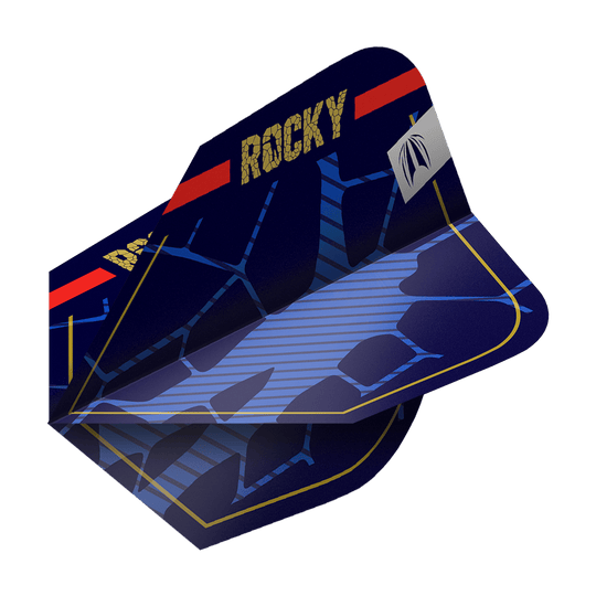 Ailettes Target Pro Ultra Josh Rock GEN1 Ten-X - 3 jeux Das Bild zeigt ein Set von blauen Dart-Flights mit dem Aufdruck "ROCKY" in goldener Schrift. Die Flights haben ein modernes Design mit blauen Linien und einem roten Streifen am oberen Rand.