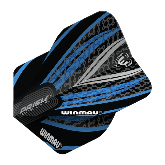 Das Bild zeigt ein Winmau Prism Delta Standard Dartflight in den Farben Schwarz, Weiß und Blau. Das Flight hat ein modernes, grafisches Design mit dem Winmau-Logo und auffälligen Mustern.