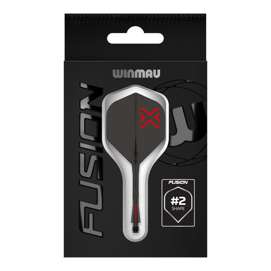 Système de vol standard Winmau Fusion Blade X No2 - Noir Das Bild zeigt das Winmau Fusion Blade X No2 Standard Flight-Shaft-System in Schwarz. Es verbindet ein Flight mit einem Schaft in elegantem, schwarzem Design.