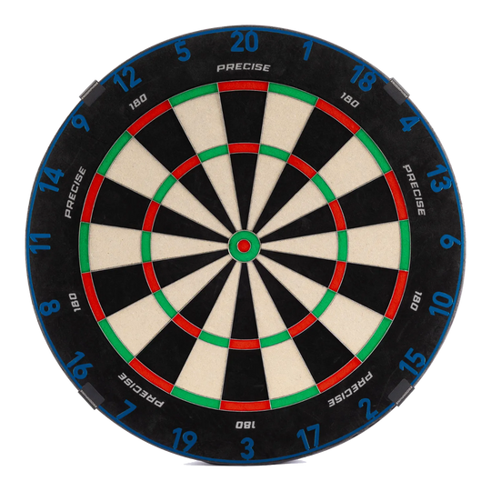 Cible de fléchettes Precise 180 Endorphine en acier avec anneau numéroté - Bleu arctique Das ist das Precise 180 Endorphine Steeldartboard mit Nummernring in Arctic Blue. Das Dartboard wird in leuchtendem Blau gezeigt.