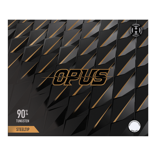 Gezeigt wird das Produkt Harrows Opus Quick Point Steeldarts - 23g. Diese Darts sind speziell für Präzisionswürfe entwickelt.