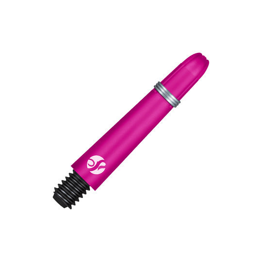Tiges en carbone Shot Koi - Rose Das Bild zeigt einen pinkfarbenen Dartshaft mit Schraubgewinde. Der Schaft hat einen silbernen Ring und ein weißes Logo.