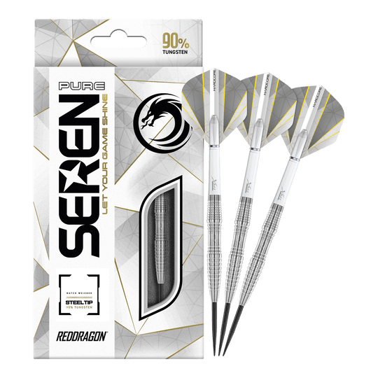 Dragon Rouge Seren 3 Pure Steeldarts Auf dem Bild sind die "Red Dragon Seren 3 Pure Steeldarts" zu sehen. Die Verpackung und drei silberne Steeldarts mit weißen Flights sind abgebildet.