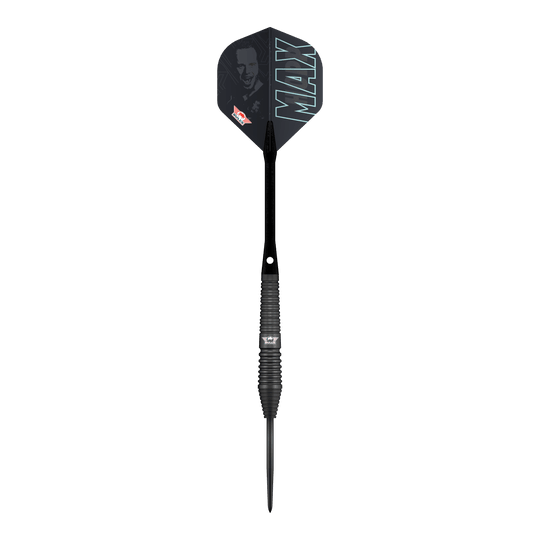 Fléchettes en acier noir Max Hopp de Bulls NL Die Bulls NL Max Hopp Black Steeldarts werden gezeigt. Die Darts sind als Set auf einem einfachen Hintergrund abgebildet.