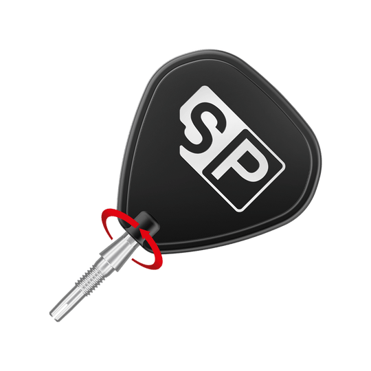 Das Bild zeigt eine silberne Dartspitze mit einem schwarzen Dartflight, auf dem die Buchstaben "SP" stehen. Ein roter Pfeil deutet eine Drehbewegung an der Verbindung zwischen Spitze und Flight an.