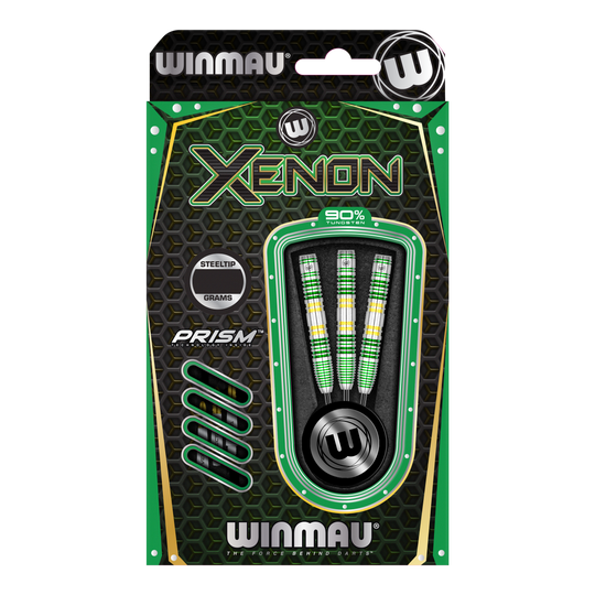 Fléchettes en acier Winmau Xenon Das Bild zeigt eine Packung Winmau Xenon Steeldarts. Die Verpackung ist überwiegend schwarz-grün und enthält drei Darts mit bunten Griffen.