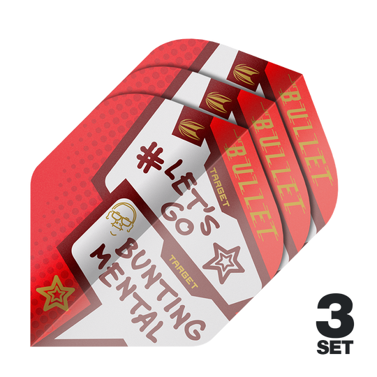 Target Pro Ultra Stephen Bunting Mental No2 Standard Flights - 3 Sets Das Bild zeigt drei Sätze der Target Pro Ultra Stephen Bunting Mental No2 Standard Flights für Darts. Die Flights sind rot-weiß gestaltet und tragen Aufschriften wie "#LET'S GO BUNTING MENTAL" und "BULLET".