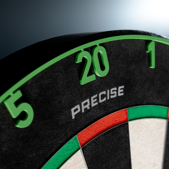 Cible de fléchettes Precise 180 Endorphine en acier avec anneau numéroté - Vert émeraude Das Precise 180 Endorphine Steeldartboard mit Nummernring in Emerald Green ist dargestellt. Dieses Board eignet sich für den professionellen Steeldartsport.