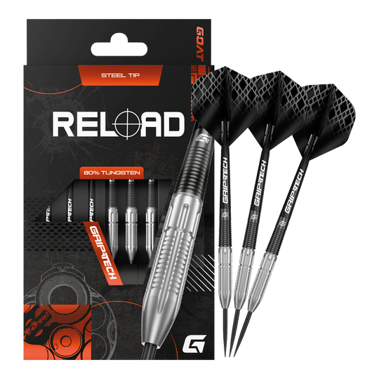 Fléchettes en acier GOAT Reload Auf dieser Aufnahme sind die GOAT Reload Steeldarts abgebildet. Es handelt sich um hochwertige Steeldarts für das Dartspiel.