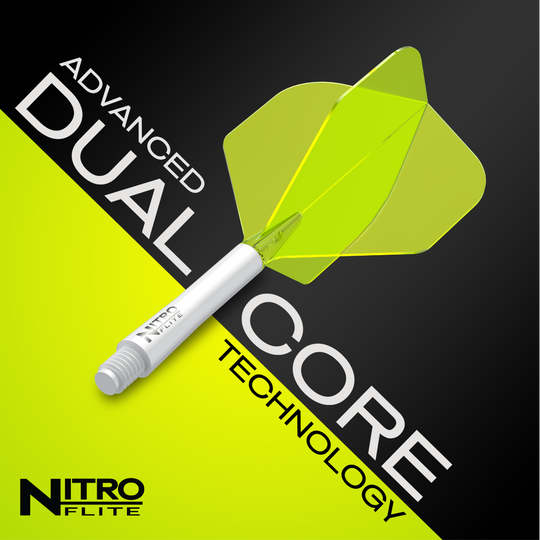 Red Dragon Nitroflite - Tige blanche Ailettes jaunes n°2 Das Bild zeigt das Produkt "Red Dragon Nitroflite - White Shaft Yellow No2 Flights" mit einem weißen Schaft und gelben Flights. Im Hintergrund steht der Text "Advanced Dual Core Technology".