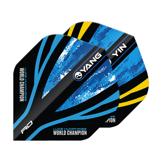 Red Dragon Luke Humphries Champion du monde Blue Gold Yin Yang Vols standards Das Bild zeigt die "Red Dragon Luke Humphries World Champion Blue Gold Yin Yang Standard Flights". Die Flights sind in Blau, Schwarz und Gelb gestaltet und tragen die Aufschrift "World Champion" sowie "YIN" und "YANG".