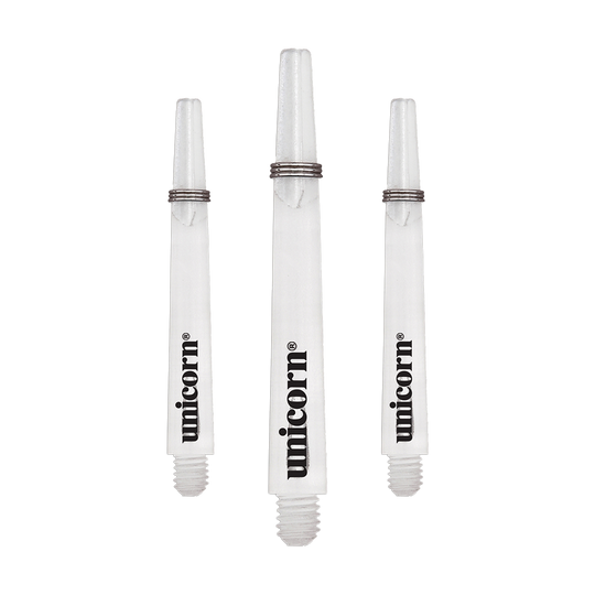 Tiges Unicorn Gripper 3 Mirage - Transparentes - 44,2 mm Das Bild zeigt drei transparente Unicorn Gripper 3 Mirage Shafts mit einer Länge von 44,2 mm. Auf jedem Schaft steht das Wort "unicorn" in schwarzer Schrift.