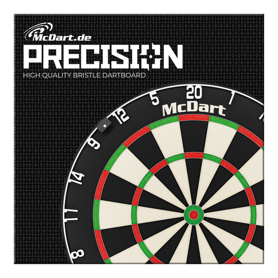 Cible de fléchettes en acier McDart Precision Das Bild zeigt das Produkt "McDart Precision Steeldartboard". Zu sehen ist ein hochwertiges Bristle-Dartboard mit dem McDart-Logo.