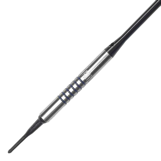 Fléchettes souples McDart 85 Tungstène V19 - 16,5 g Dies ist ein McDart 85er Tungsten V19 Softdart mit einem Gewicht von 16,5g. Der Dart hat einen silbernen Barrel mit schwarzen Rillen und einer schwarzen Spitze.