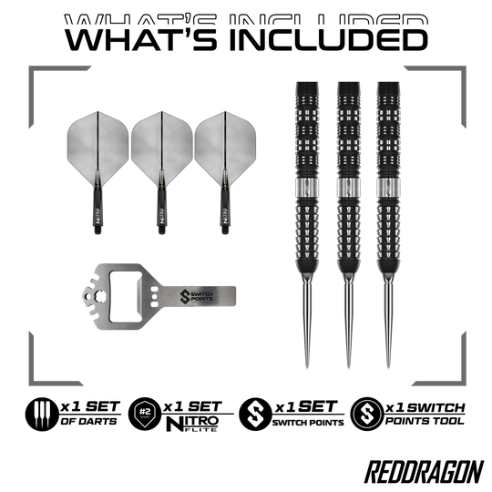 Fléchettes en acier parallèles Red Dragon Recon Das Bild zeigt Red Dragon Recon Parallel Steeldarts. Es handelt sich um hochwertige Steeldarts mit einem modernen Design.