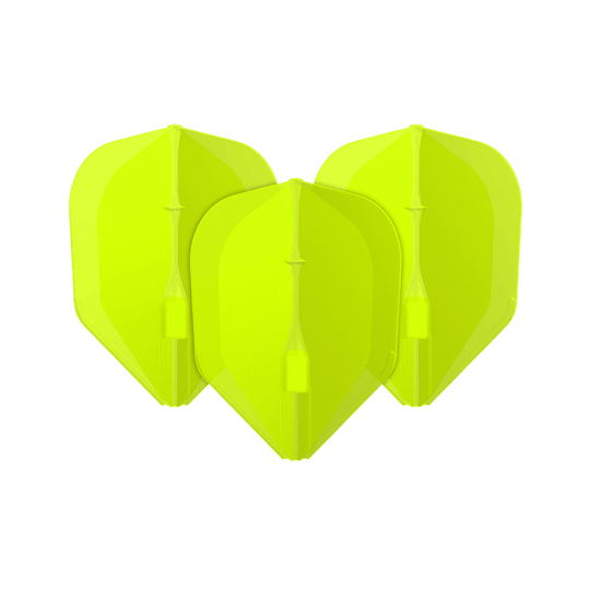 Vols L-L-Style3EZ Das Bild zeigt drei neon-gelbe Dartflights. Sie stehen nebeneinander und haben eine klassische Pfeilform.