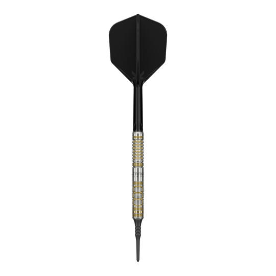Auf dem Bild ist ein Softdartpfeil des Modells "Target Japan Black Marque Reyn GEN2 Softdarts - 17,5g" zu sehen. Er hat eine silberne und goldene Griffzone sowie schwarze Flights und Spitze.