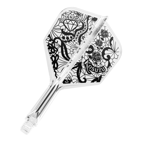 Système d'arbre de vol Target Japan K-Flex Diamond No6 Dies ist ein klarer Dartflight mit einem schwarzen, kunstvollen Design, das Rosen, ein Diamant und Netzmuster zeigt. Das System ist einteilig und hat ein Schraubgewinde am Ende.