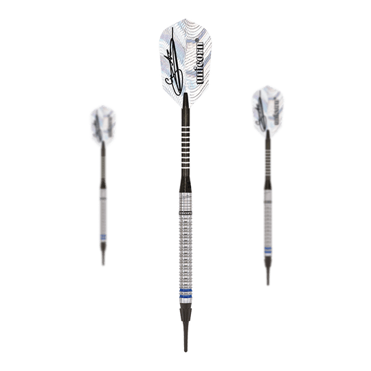 Unicorn World Champion Natural Phase 3 Gary Anderson Fléchettes souples - 18 g Das Bild zeigt drei Unicorn World Champion Natural Phase 3 Gary Anderson Softdarts mit einem Gewicht von 18g. Die Darts haben silberne Griffe und weiße Flights mit einer Unterschrift und dem Unicorn-Logo.
