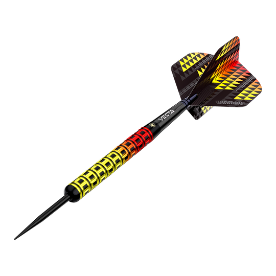 Fléchettes en acier parallèles Winmau Firestorm Flame Das Bild zeigt einen Winmau Firestorm Flame Parallel Steeldart. Der Dart hat ein auffälliges Design mit einem Griff in Gelb, Rot und Schwarz sowie passenden Flight-Mustern.