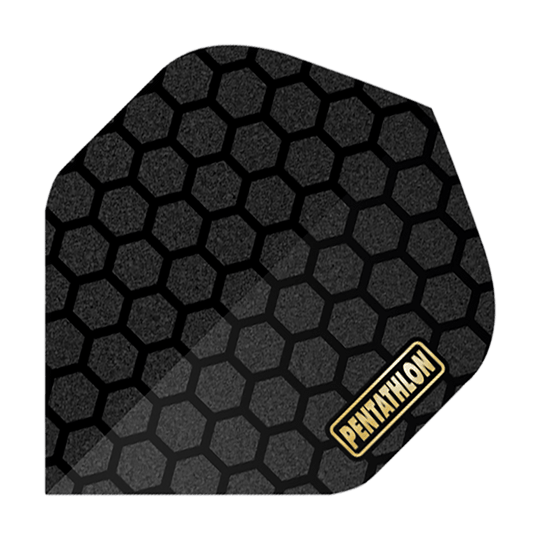 Vols de pentathlon RT Honeycomb Dieses Bild zeigt ein Dartflight mit einem schwarzen Wabenmuster. In der Ecke steht das Wort "PENTATHLON" in gelber Schrift auf einem weißen Hintergrund.