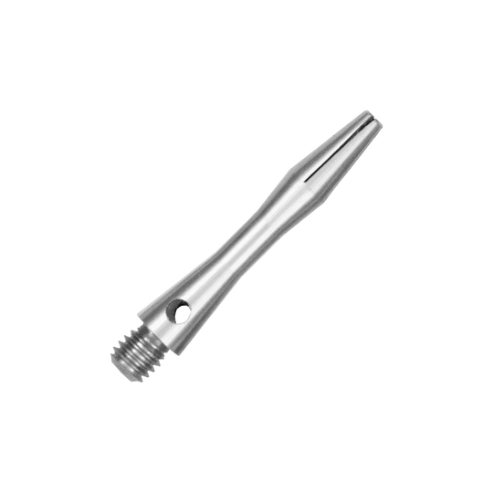 Dies ist ein silberner Aluminiumschaft. Er hat ein schlankes, glänzendes Design mit einem Gewinde am Ende.