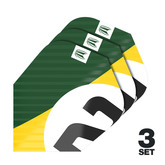 Ailettes Ten-X vertes Target Pro Ultra Chicane - 3 ensembles Das Bild zeigt drei Dart-Flights im grünen, gelben und weißen Design. Unten rechts steht "3 SET", was auf drei Sets hinweist.