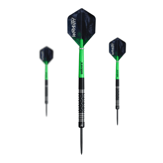 Fléchettes en acier Unicorn Wraith de James Wade Das Bild zeigt ein Set der Unicorn Wraith James Wade Steeldarts. Diese Steeldarts sind für ein optimales Spielerlebnis entwickelt.