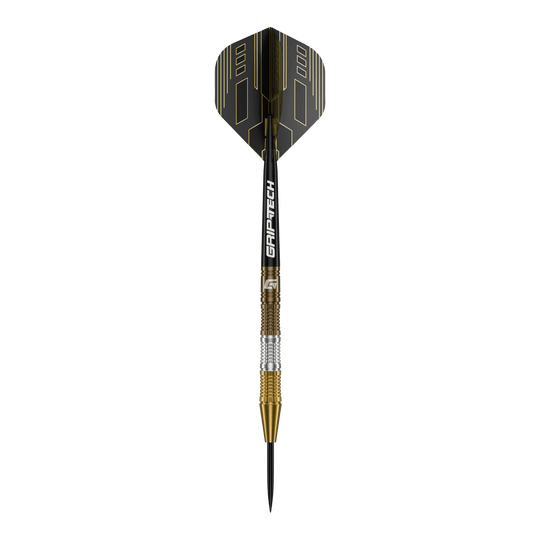 Fléchettes en acier tungstène GOAT Ceremony Das Bild zeigt einen GOAT Ceremony Tungsten Steeldart mit einem eleganten Design in Gold, Silber und Schwarz. Auf dem Schaft steht der Schriftzug "GRIP-TECH".