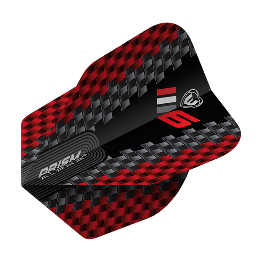 Das Bild zeigt ein Winmau Prism Alpha Blade 6 Chevron No6 Flight für Dartpfeile. Das Flight hat ein rot-schwarzes Karomuster mit silbernen und roten Akzenten.