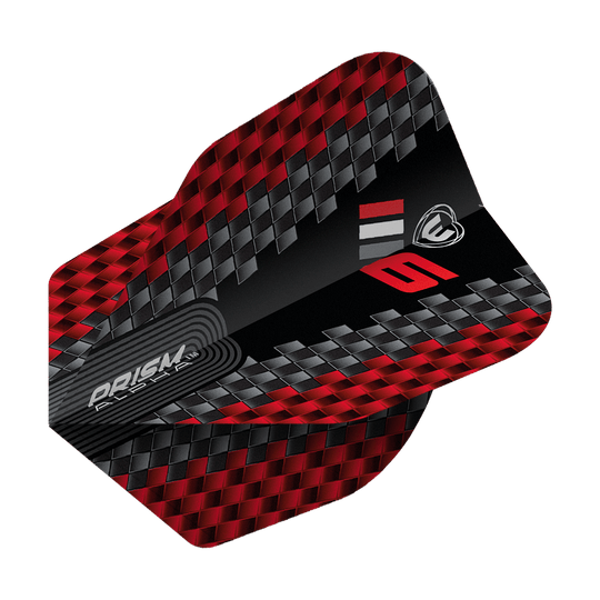 Volets Winmau Prism Alpha Blade 6 Chevron No6 Das Bild zeigt ein Winmau Prism Alpha Blade 6 Chevron No6 Flight für Dartpfeile. Das Flight hat ein rot-schwarzes Karomuster mit silbernen und roten Akzenten.