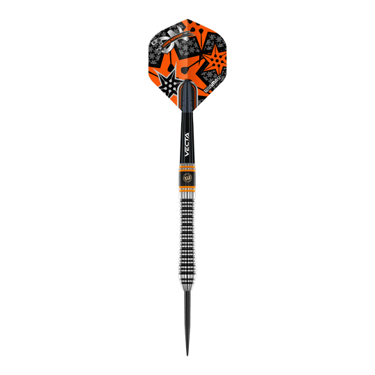 Winmau Danny Noppert Signature Edition 2 fléchettes en acier Dies ist ein Winmau Danny Noppert Signature Edition 2 Steeldart. Der Dart hat ein auffälliges schwarzes, silbernes und orangefarbenes Design mit Sternmotiven auf dem Flight.