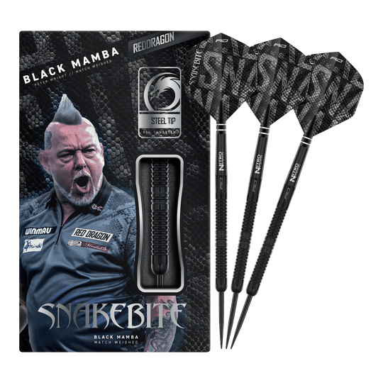 Dragon Rouge Peter Wright Morsure de Serpent Mamba Noir Steeldarts Abgebildet ist der Red Dragon Peter Wright Snakebite Black Mamba Steeldart. Das Produkt zeichnet sich durch sein schwarzes Design und hochwertige Verarbeitung aus.