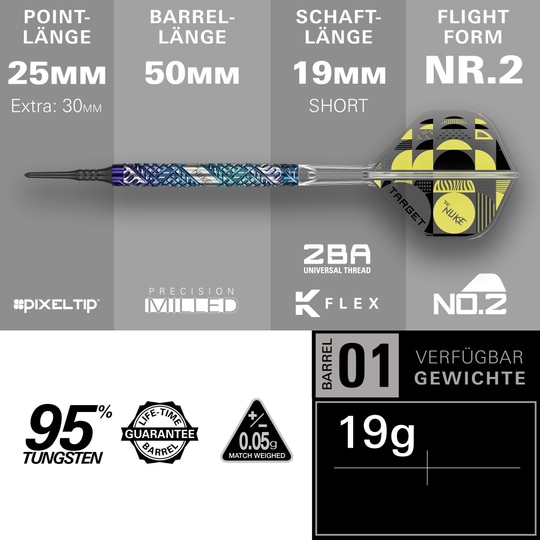Fléchettes Target Luke Littler Edge Soft - 19 g Abgebildet sind die Target Luke Littler Edge Softdarts - 19g. Die Darts liegen auf einer glatten Oberfläche und sind aus der Nähe zu sehen.