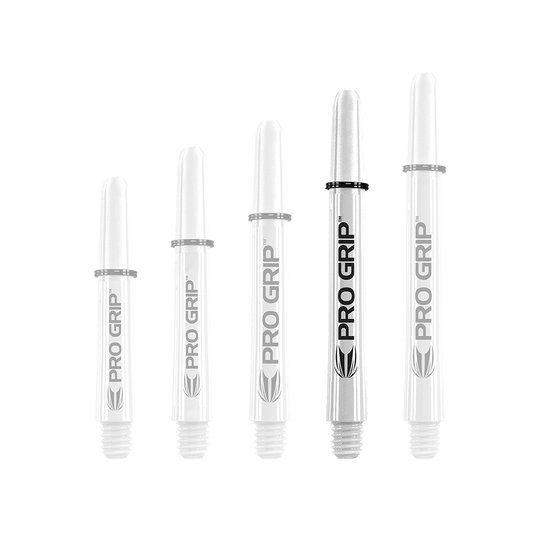 Tiges Target Pro Grip - 3 jeux - Blanc Auf dem Bild sind fünf weiße Pro Grip Shafts für Dartpfeile in unterschiedlicher Länge zu sehen. Sie sind mit dem Schriftzug "PRO GRIP" und einem schwarzen Ring versehen.