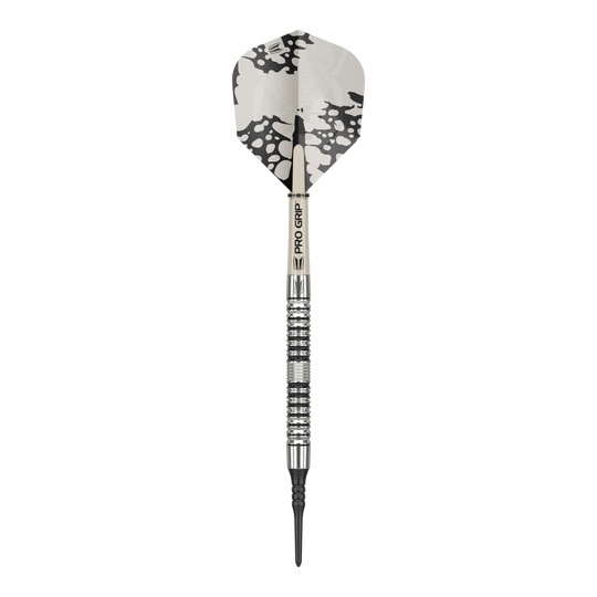 Fléchettes souples Target EXO 10 Das Bild zeigt einen Target EXO 10 Softdart. Der Dart hat ein silbernes und schwarzes Design mit einem gemusterten Flight.
