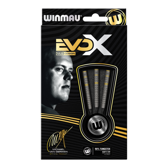 Winmau Michael Van Gerwen Evo-X fléchettes souples - 20g Die Abbildung zeigt die Verpackung der "Winmau Michael Van Gerwen Evo-X Softdarts - 20g". Auf der Vorderseite sind drei Softdarts sowie ein Porträt von Michael Van Gerwen zu sehen.