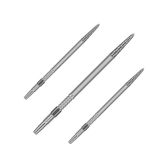 Pointes de fléchettes Target Swiss Point DX - Argent Das Bild zeigt drei silberne Dartspitzen, die nebeneinander angeordnet sind. Sie haben eine geriffelte Struktur und eine spitz zulaufende Form.