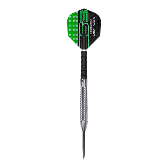 Fléchettes coniques en acier Harrows Dimplex S3 Auf dem Bild ist ein Harrows Dimplex S3 Tapered Steeldart zu sehen. Der Dartpfeil hat eine silberne, geriffelte Spitze und grün-schwarze Flights.