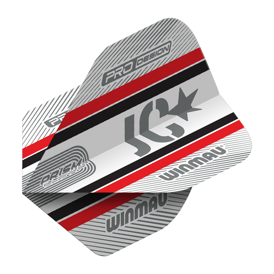 Vols standard Winmau Alpha Joe Cullen Cullen 85 Das Bild zeigt die Winmau Alpha Joe Cullen 85 Standard Flights für Darts. Das Design ist in Silber, Rot, Schwarz und Weiß gehalten und trägt die Logos "Winmau" und "JC".