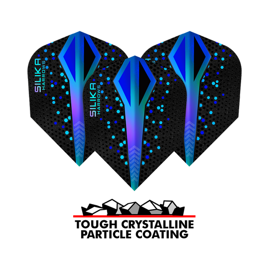 Das Bild zeigt drei Harrows Silika Colourshift Tough Crystalline Coating Blue No6 Flights. Darunter befindet sich ein Logo mit der Aufschrift "Tough Crystalline Particle Coating".