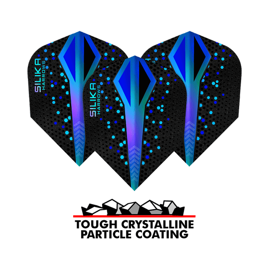 Revêtement cristallin résistant Harrows Silika Colourshift Bleu n° 6 Das Bild zeigt drei Harrows Silika Colourshift Tough Crystalline Coating Blue No6 Flights. Darunter befindet sich ein Logo mit der Aufschrift "Tough Crystalline Particle Coating".