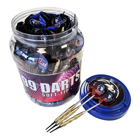 99 Fléchettes Löwen à pointe souple - 18 g Das Bild zeigt eine große Dose mit der Aufschrift „99 DARTS SOFT-TIP“, die viele Soft-Tip-Darts enthält. Drei der 18g Darts liegen auf dem blauen Deckel neben der Dose.