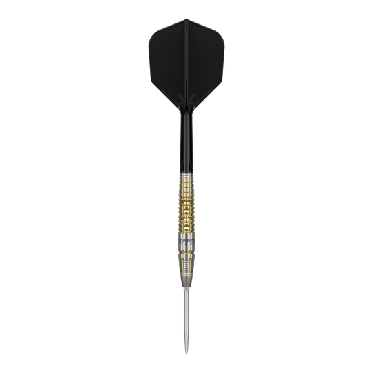 Fléchettes en acier Target Black Marque Warrior Swiss Point Das Bild zeigt einen Target Black Marque Warrior Swiss Point Steeldart. Der Dart hat eine schwarze Flight, einen gold-silbernen Griffbereich und eine spitze Stahlspitze.