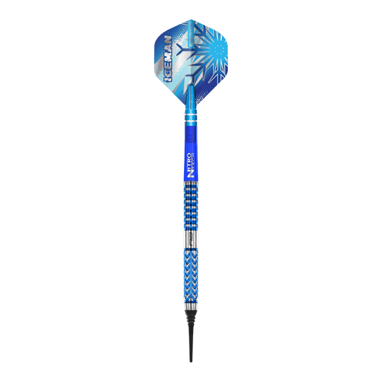 Dieses Bild zeigt den Red Dragon Gerwyn Price Glacier Softdart mit einem Gewicht von 18g. Der Dart hat ein auffälliges blaues Design mit eisigen Mustern und dem Schriftzug "ICEMAN" auf der Flights.