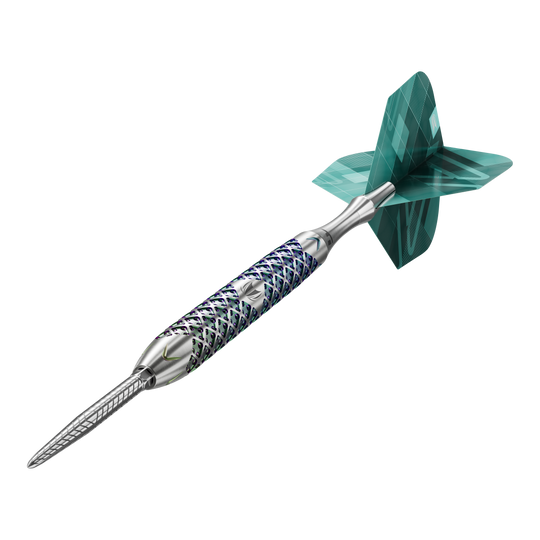 Fléchettes en acier Target Rove 01 Swiss Point Das Bild zeigt einen Target Rove 01 Swiss Point Steeldart mit silbernem Schaft und blau-grünen Akzenten. Am hinteren Ende befindet sich eine grün gemusterte Dartflügel.