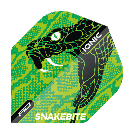 Das Bild zeigt das Produkt "Red Dragon Hardcore Ionic Snakebite Green Head Standard Flights". Auf dem Flight ist ein grüner Schlangenkopf mit hervorgehobenen weißen Reißzähnen abgebildet, dazu stehen die Wörter "IONIC" und "SNAKEBITE".