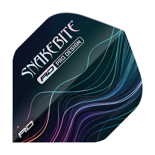 Vols standard Red Dragon Hardcore Peter Wright Multi No2 Das Bild zeigt ein Dart-Flight mit dem Aufdruck "SNAKEBITE" und "RD PRO DESIGN". Auf dem Flight sind bunte Linien auf dunklem Hintergrund zu sehen.